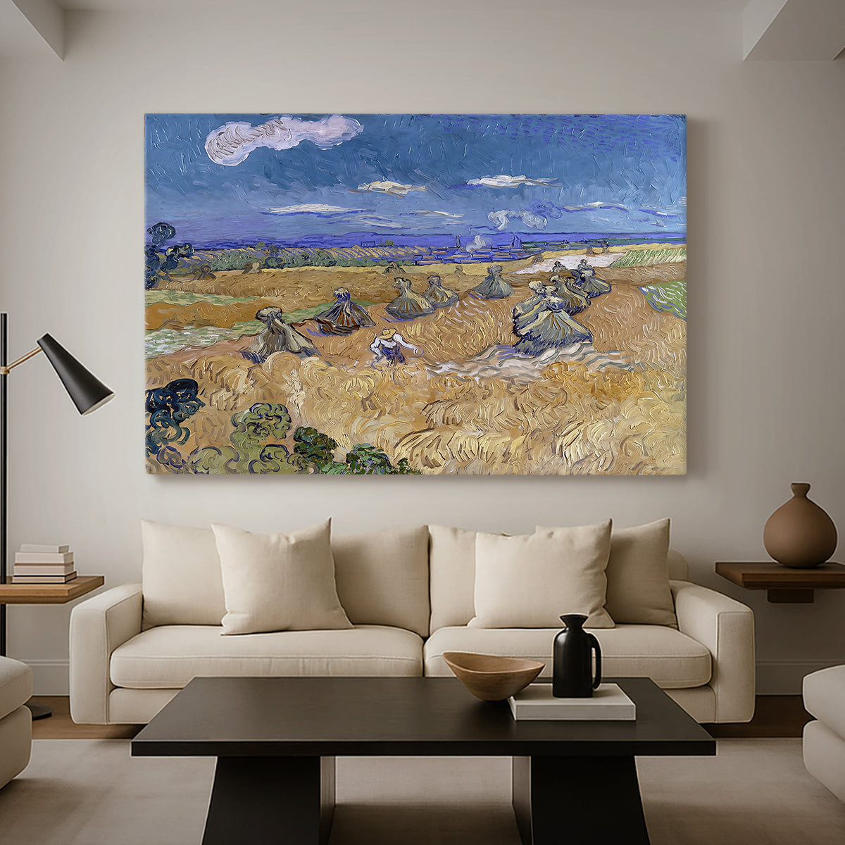 Canvas art print featuring an expressive landscape combining figure and agriculture, displayed in a spacious living room