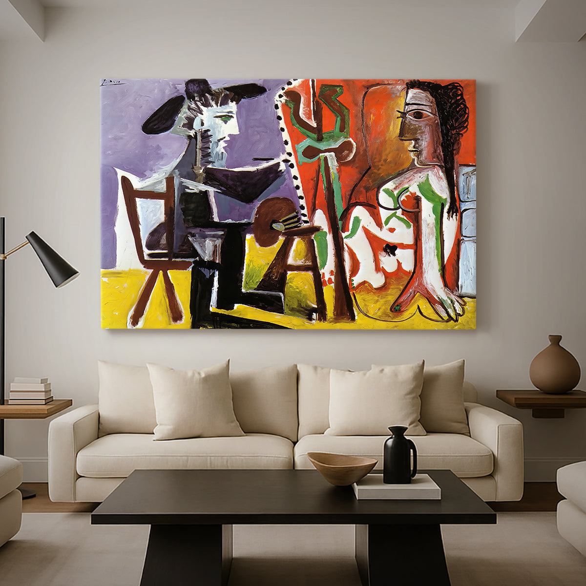 Canvas art print featuring an expressive figures built from planes, displayed in a spacious living room