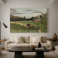Canvas art print featuring a simplified industrial landscape with activity and buildings, displayed in a spacious living room