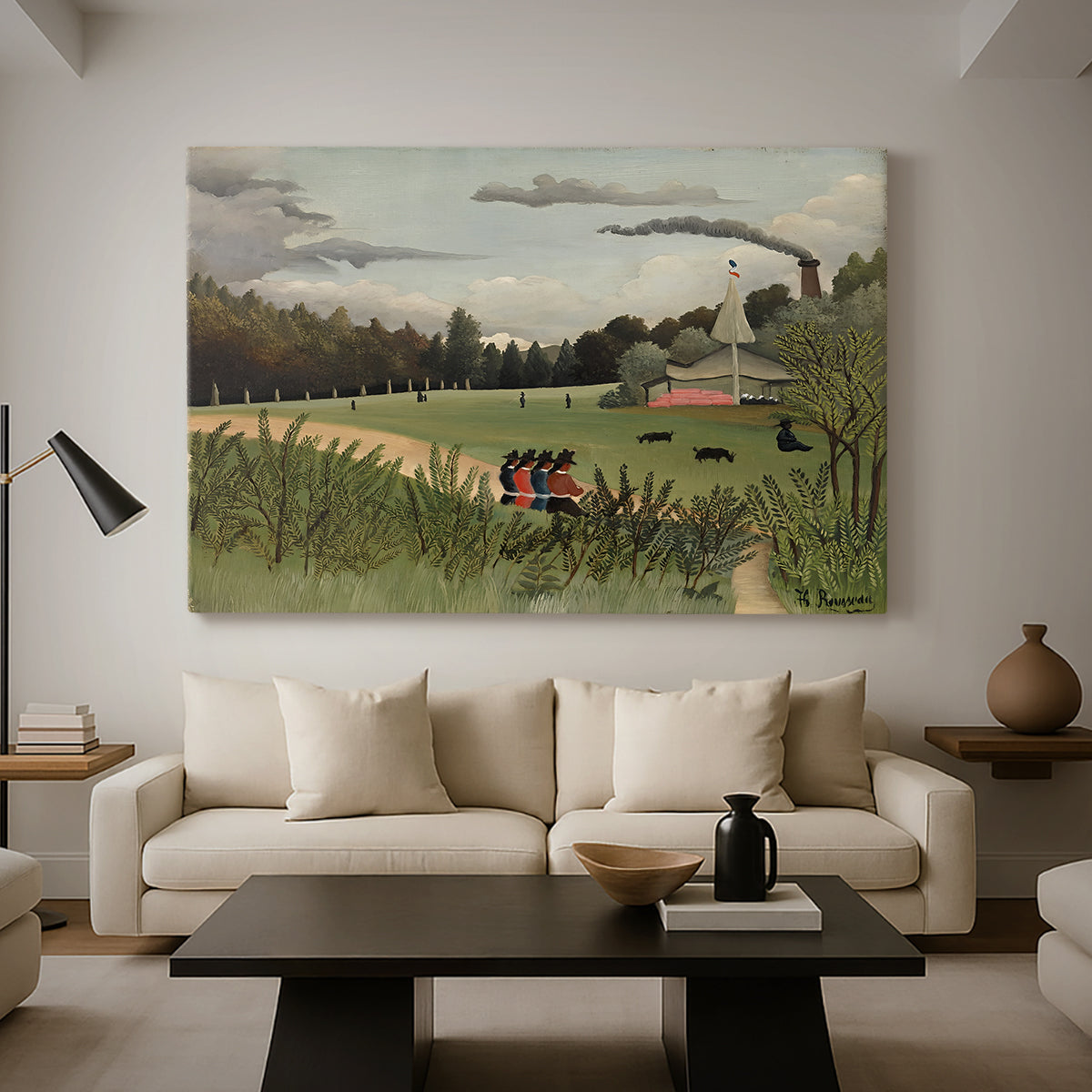 Canvas art print featuring a simplified industrial landscape with activity and buildings, displayed in a spacious living room