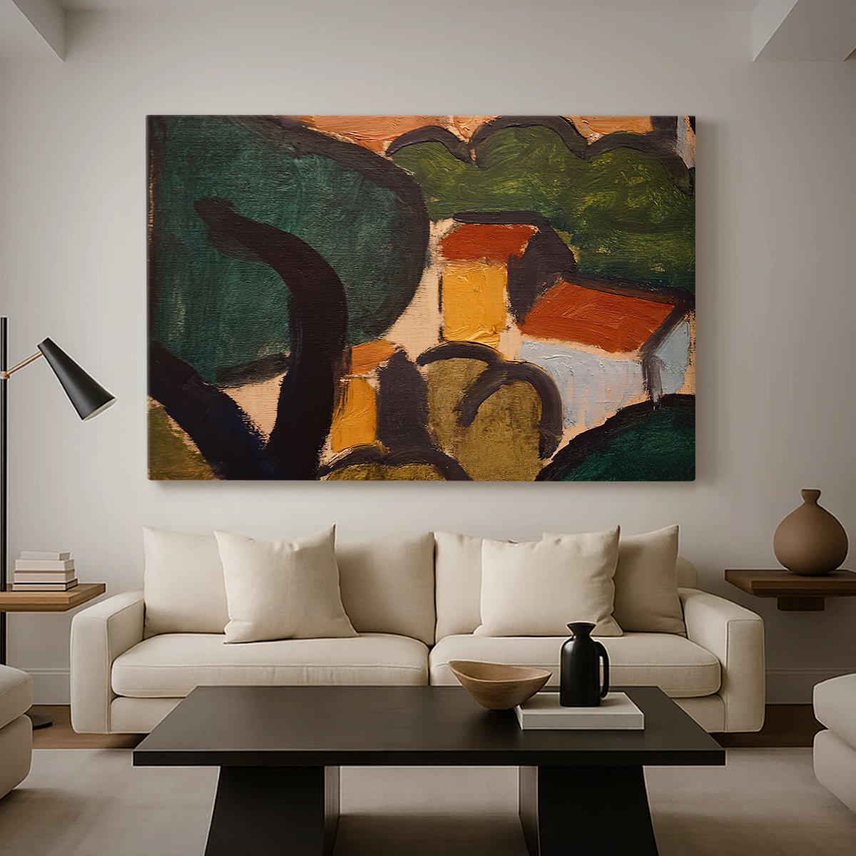 Canvas art print featuring a Fauvist landscape of trees and houses in abstracted form, displayed in a spacious living room