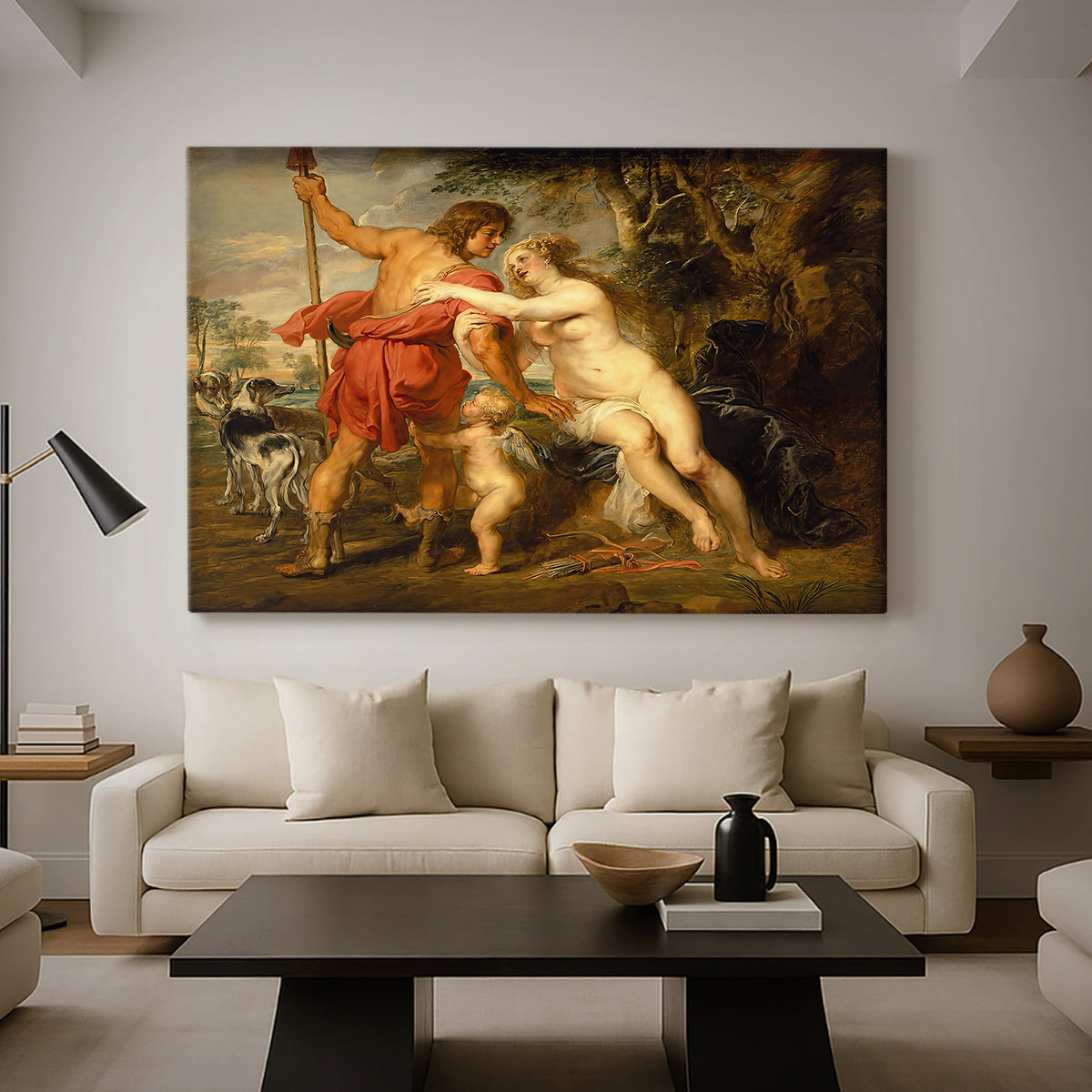 Canvas art print featuring a classical composition with entwined deity figures, displayed in a spacious living room
