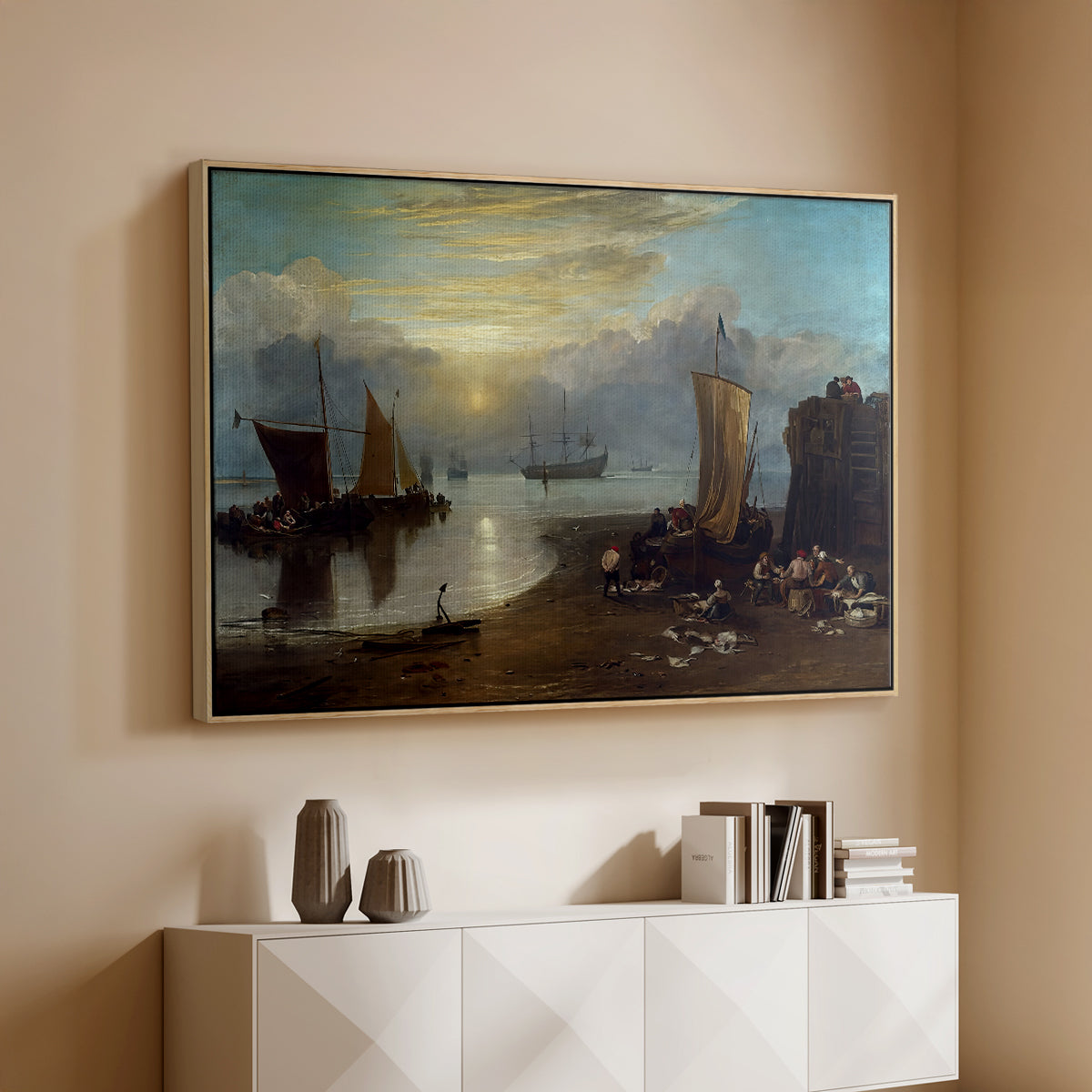 Sun Rising through Vapour: Fishermen Cleaning and Selling Fish, c. 1807 - Floater Framed Canvas Print