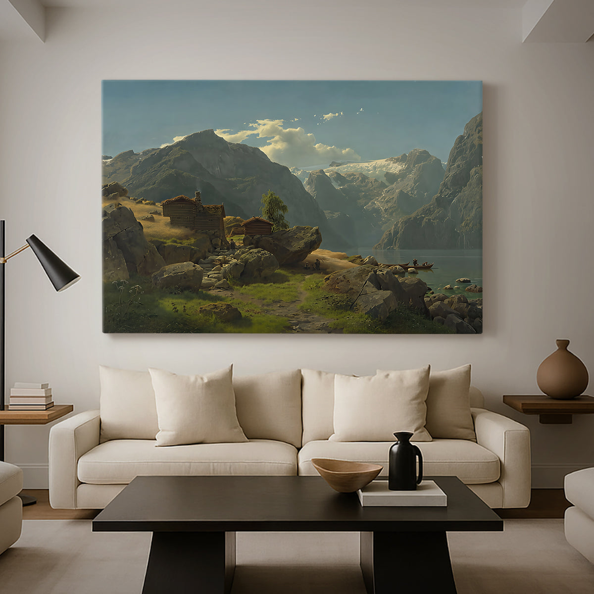 Canvas art print featuring a coastal landscape with calm water and mountainous backdrop, displayed in a spacious living room