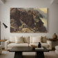 Canvas art print featuring a high-altitude scene with rocky formations and sparse vegetation, displayed in a spacious living room