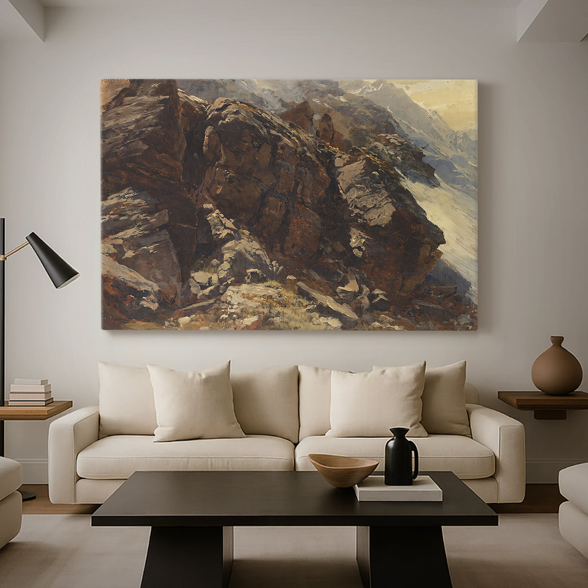 Canvas art print featuring a high-altitude scene with rocky formations and sparse vegetation, displayed in a spacious living room