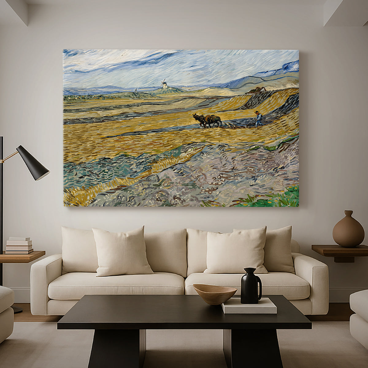 Canvas art print featuring a post-impressionist farm scene with cultivated land and open horizon, displayed in a spacious living room