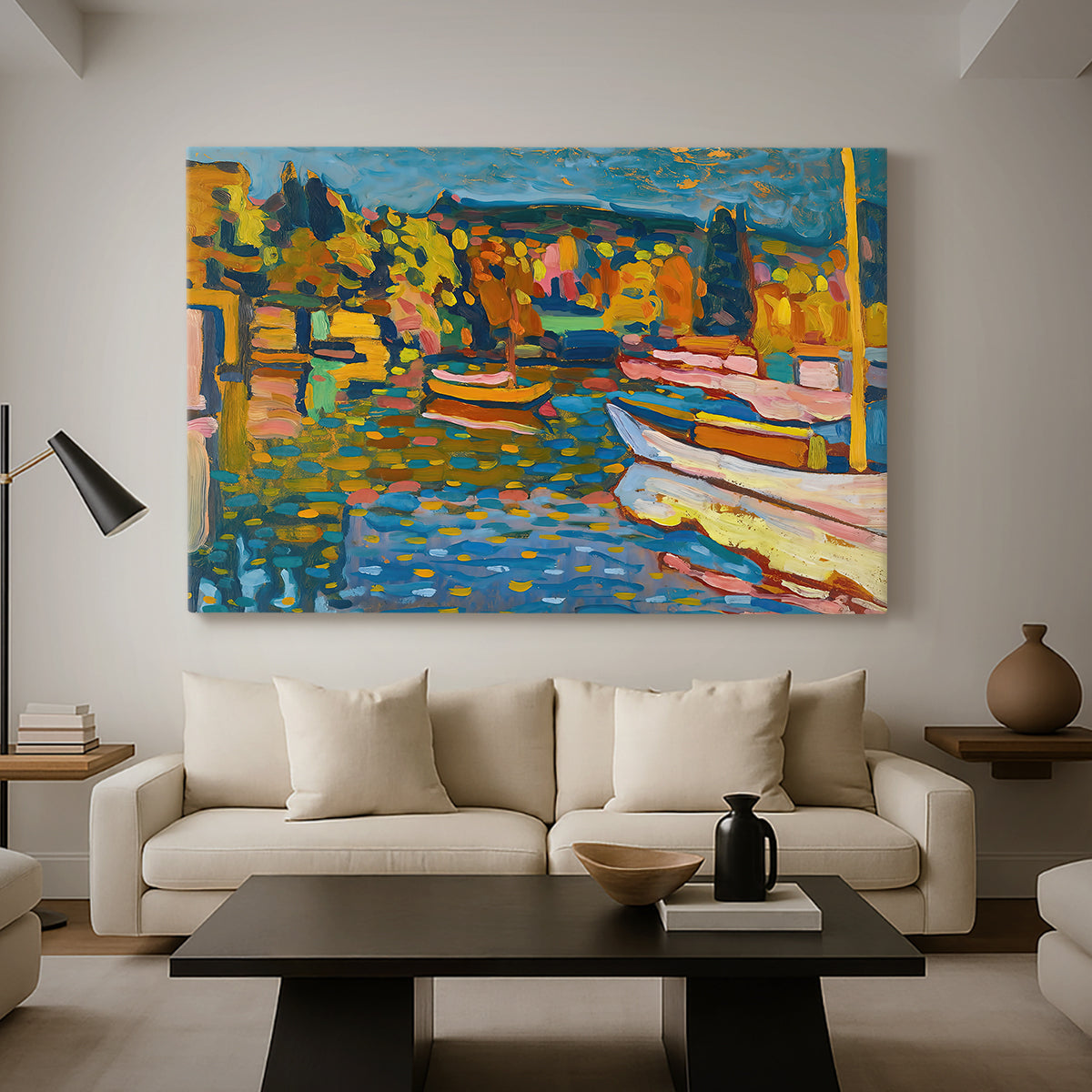 Canvas art print featuring a dynamic arrangement with simplified natural and man-made forms, displayed in a spacious living room