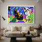 Canvas art print featuring an expressive abstract scene with musical references, displayed in a spacious living room