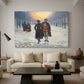 Canvas art print featuring a subdued scene of figures outdoors after festive event, displayed in a spacious living room