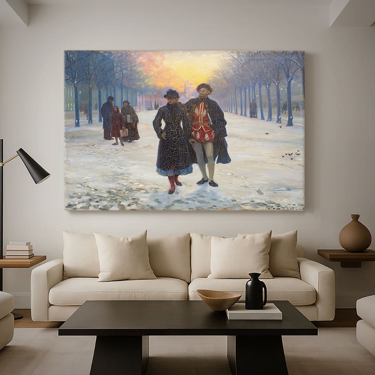 Canvas art print featuring a subdued scene of figures outdoors after festive event, displayed in a spacious living room