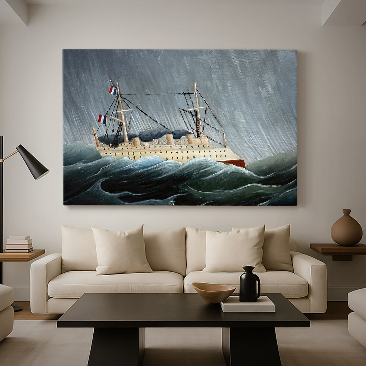 Canvas art print featuring a nautical scene with ship battling turbulent waters, displayed in a spacious living room