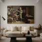 Canvas art print featuring an interior scene with figure focused on printing process, displayed in a spacious living room