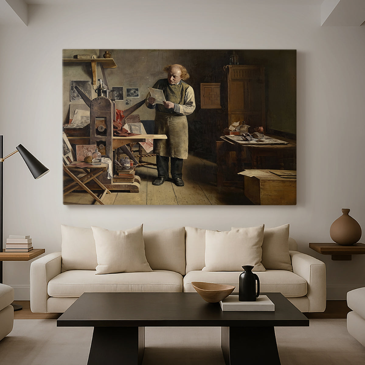 Canvas art print featuring an interior scene with figure focused on printing process, displayed in a spacious living room