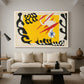 Canvas art print featuring an expressive abstract artwork with bold shapes, displayed in a spacious living room