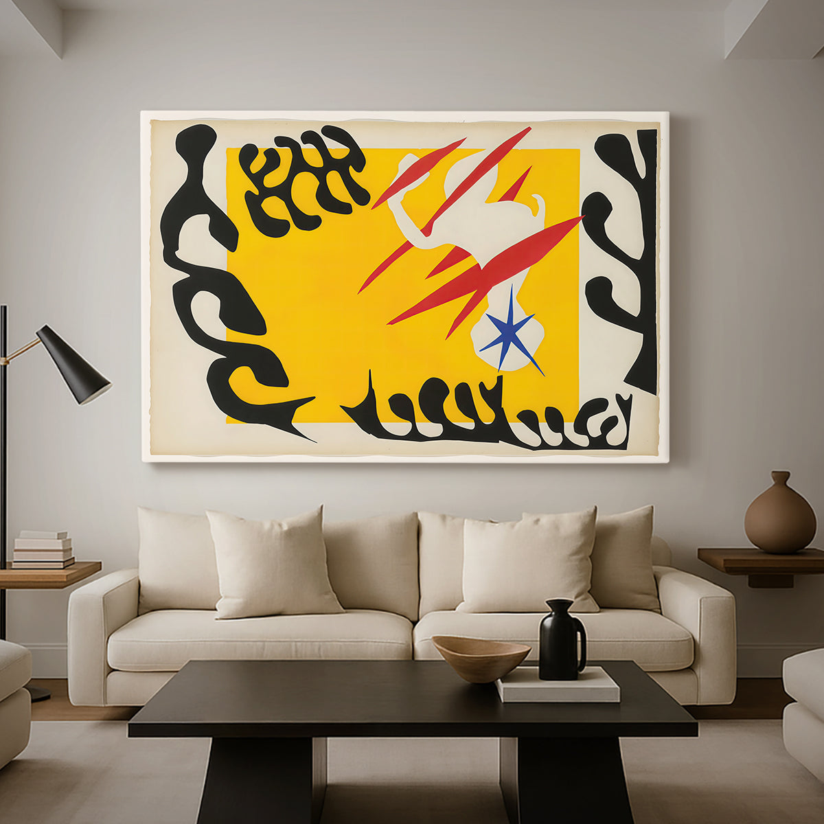 Canvas art print featuring an expressive abstract artwork with bold shapes, displayed in a spacious living room