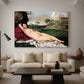 Canvas art print featuring a serene figure resting in natural setting with flowing form, displayed in a spacious living room