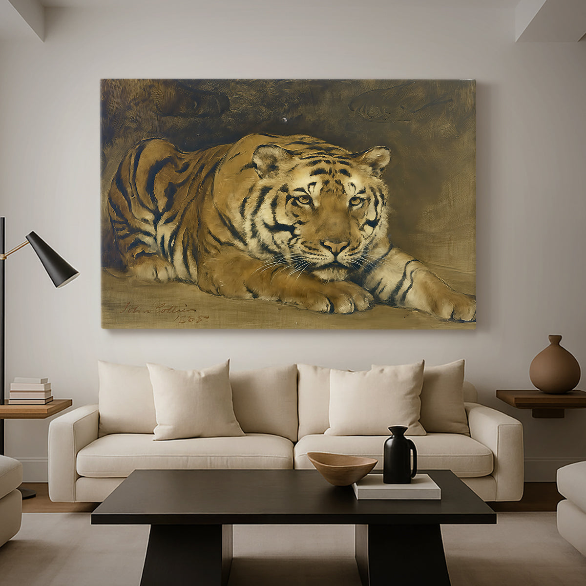 Canvas art print featuring an expressive depiction of tiger, displayed in a spacious living room