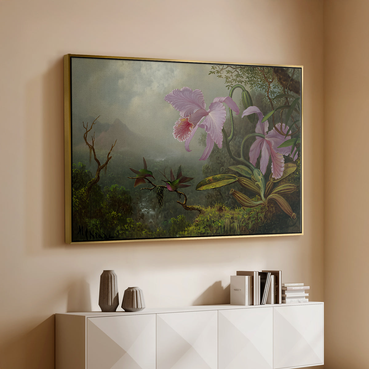 Two Sun Angel Hummingbirds on a Branch, c. 1890-1904 - Floater Framed Canvas Print