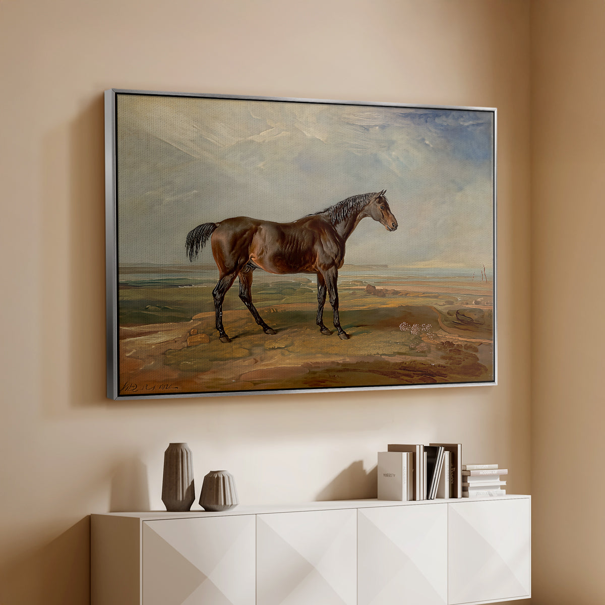 Dr. Syntax, a Bay Racehorse, Standing in a Coastal Landscape, an Estuary Beyond, c. 1820 - Floater Framed Canvas Print