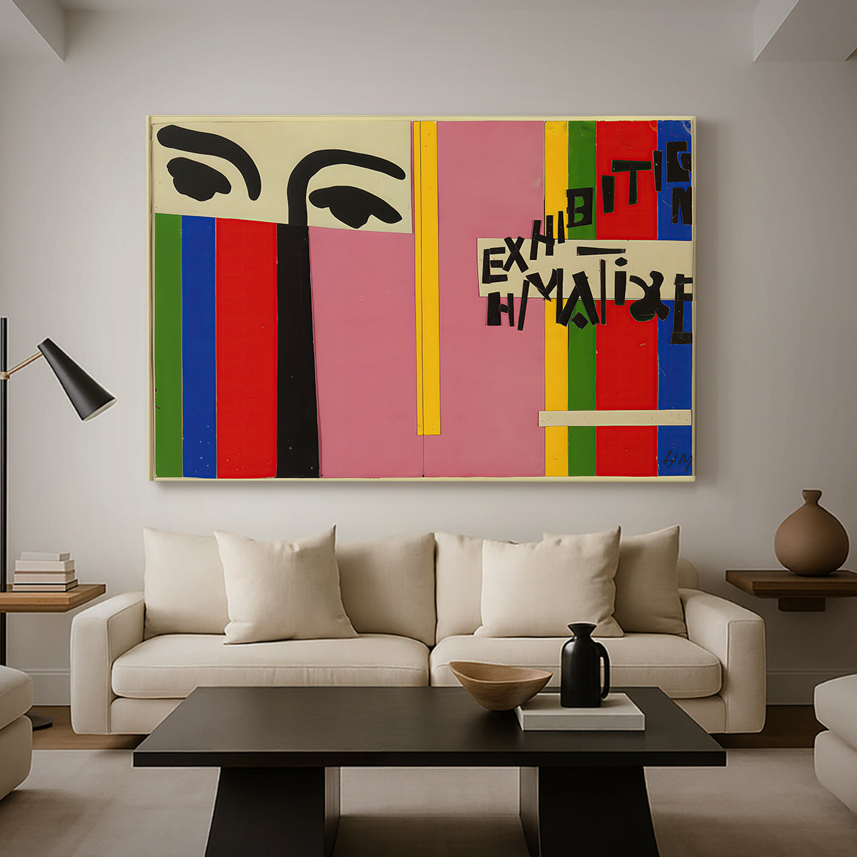 Canvas art print featuring a minimalist design with geometric arrangement and text elements, displayed in a spacious living room