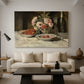 Canvas art print featuring a tabletop scene with strawberries and champagne glass, displayed in a spacious living room