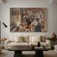 Canvas art print featuring an expressive composition with figures interacting in open space, displayed in a spacious living room