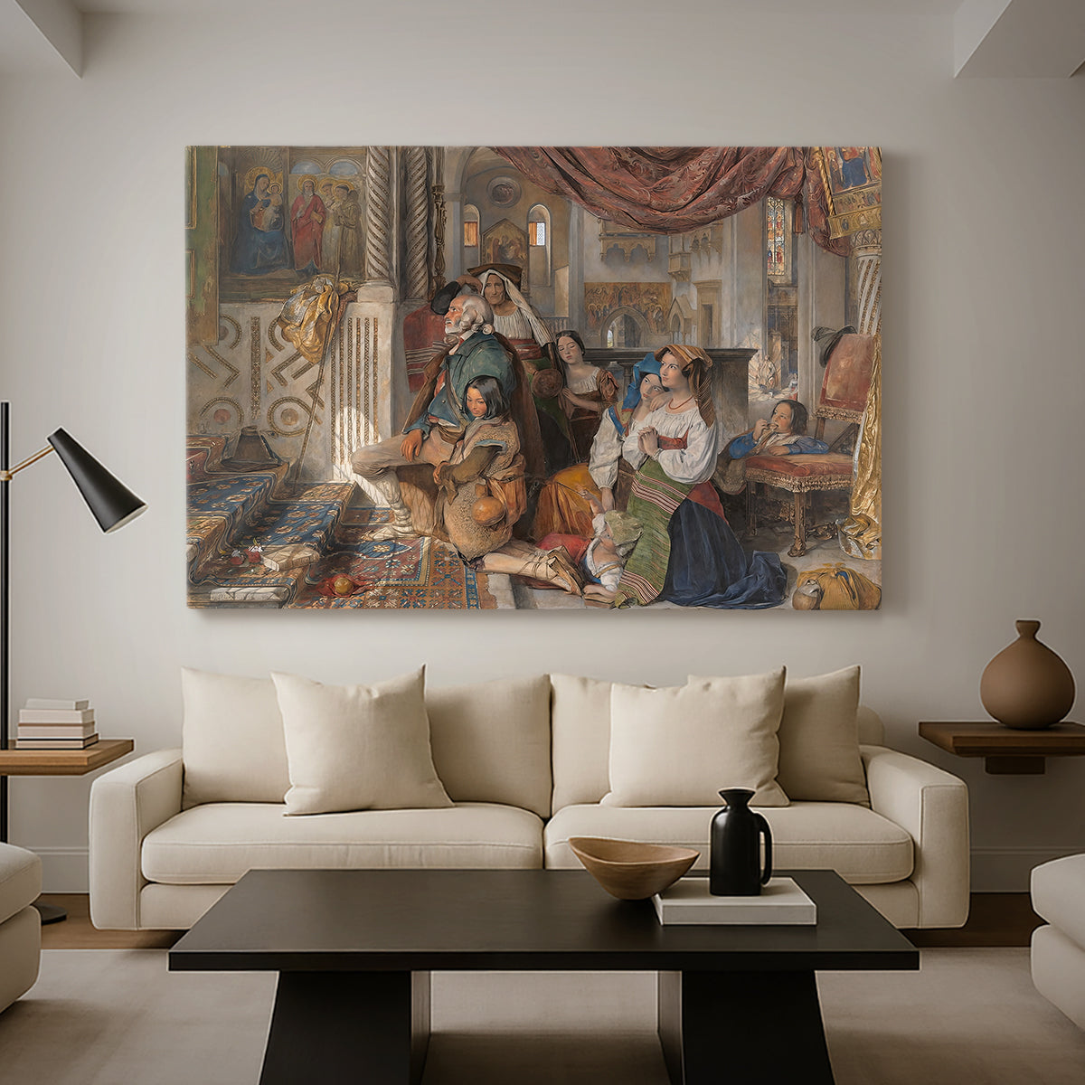 Canvas art print featuring an expressive composition with figures interacting in open space, displayed in a spacious living room