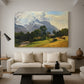 Canvas art print featuring a realistic landscape emphasizing elevation, displayed in a spacious living room