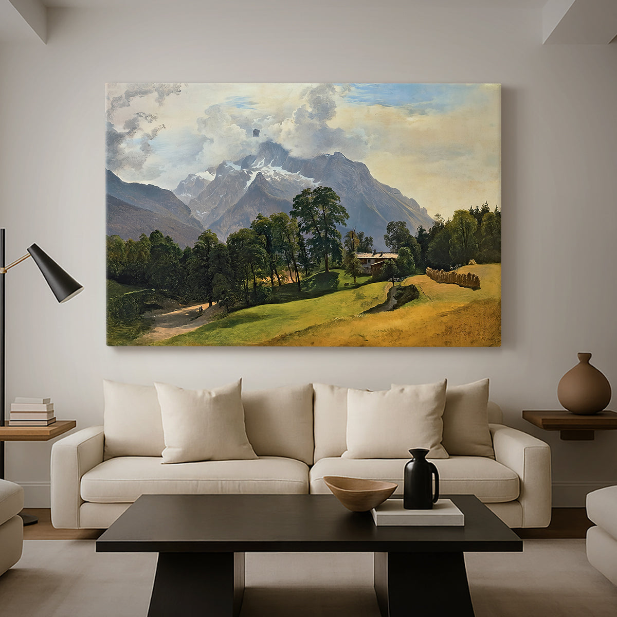 Canvas art print featuring a realistic landscape emphasizing elevation, displayed in a spacious living room