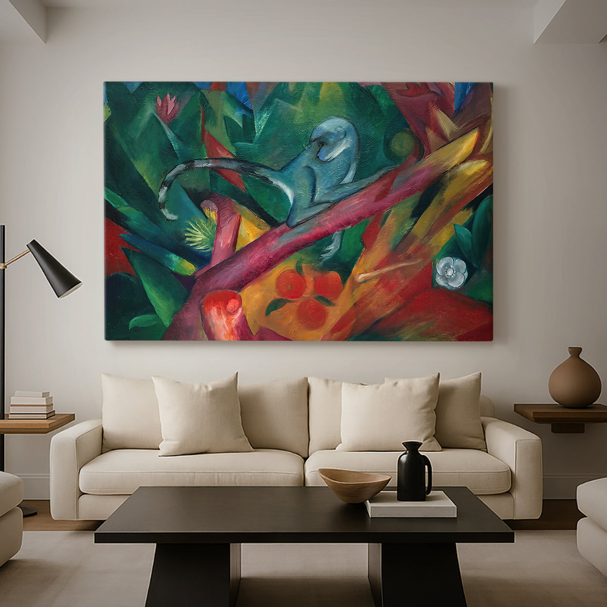 Canvas art print featuring an abstract depiction of monkey using vibrant contrasting tones, displayed in a spacious living room