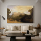 Canvas art print featuring an atmospheric landscape with building reflected near water, displayed in a spacious living room