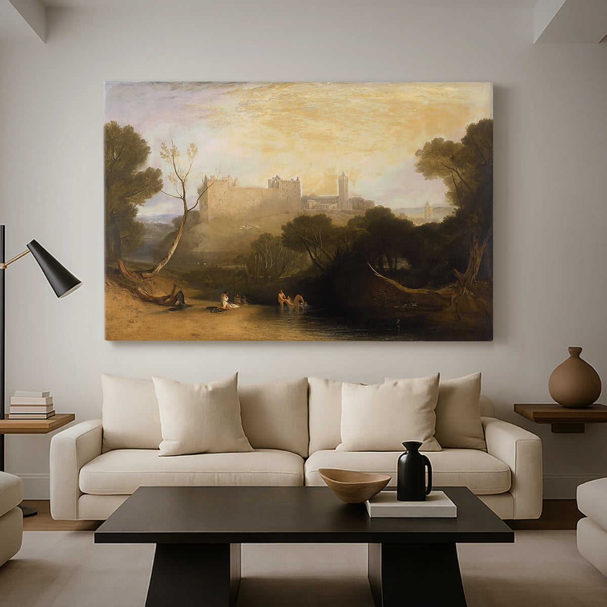 Canvas art print featuring an atmospheric landscape with building reflected near water, displayed in a spacious living room