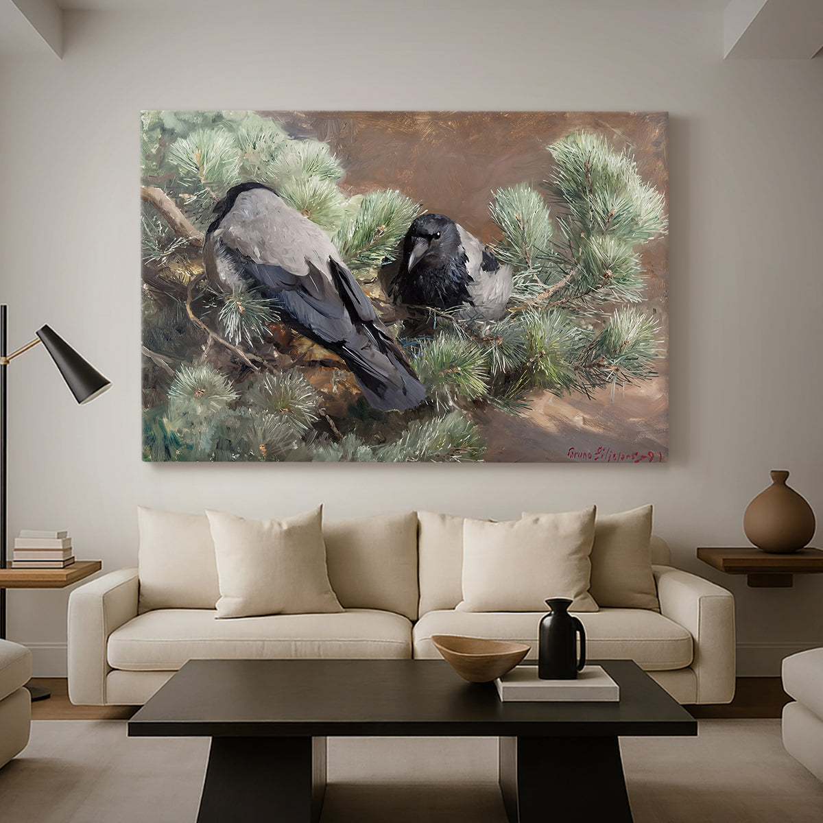 Canvas art print featuring a realistic scene of crows interacting on grassy terrain, displayed in a spacious living room