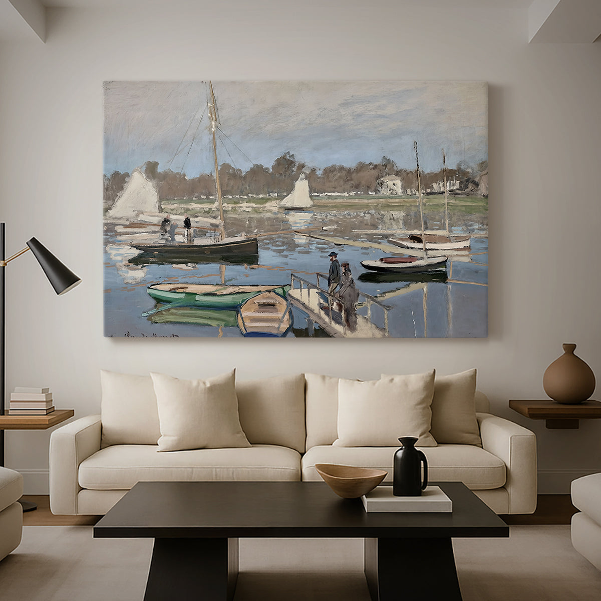 Canvas art print featuring a harbor basin filled with boats under soft sky, displayed in a spacious living room