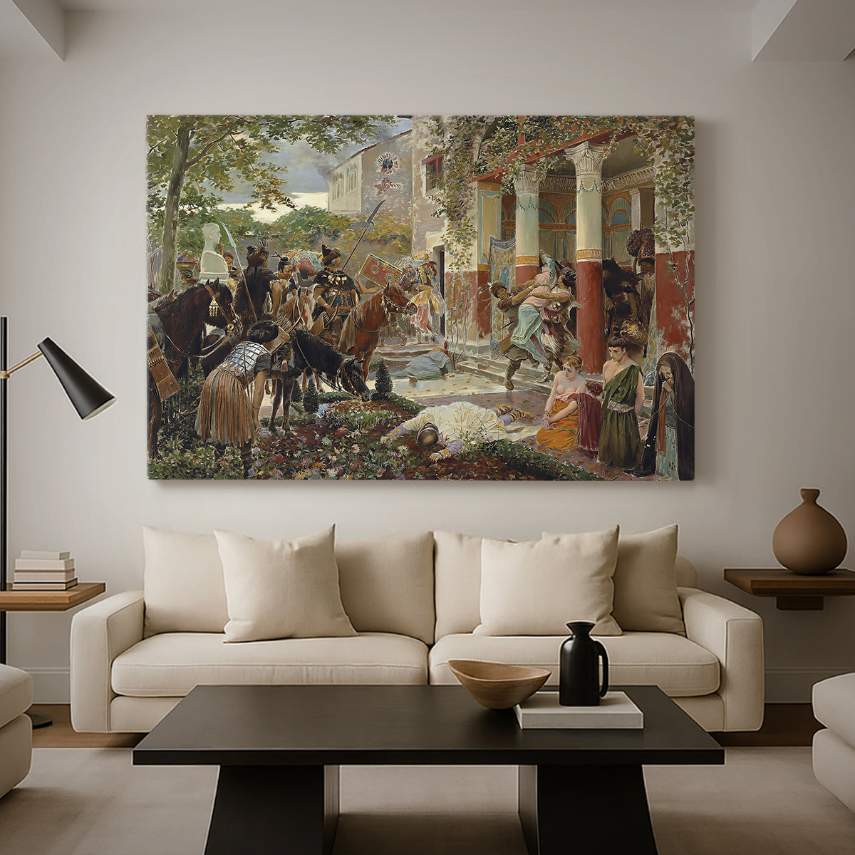 Canvas art print featuring a historical battle scene filled with movement and conflict, displayed in a spacious living room
