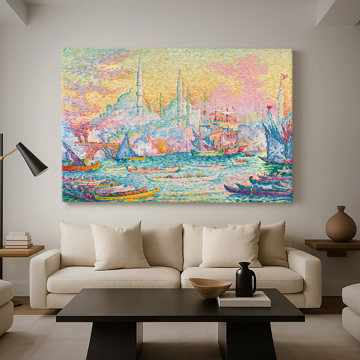 Canvas art print featuring a maritime panoramic view with boats, displayed in a spacious living room