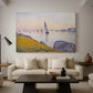 Canvas art print featuring a pointillist sunset harbor with calm sea, displayed in a spacious living room