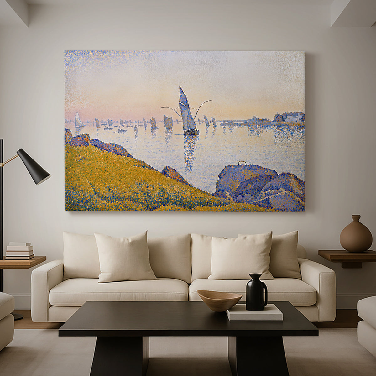 Canvas art print featuring a pointillist sunset harbor with calm sea, displayed in a spacious living room