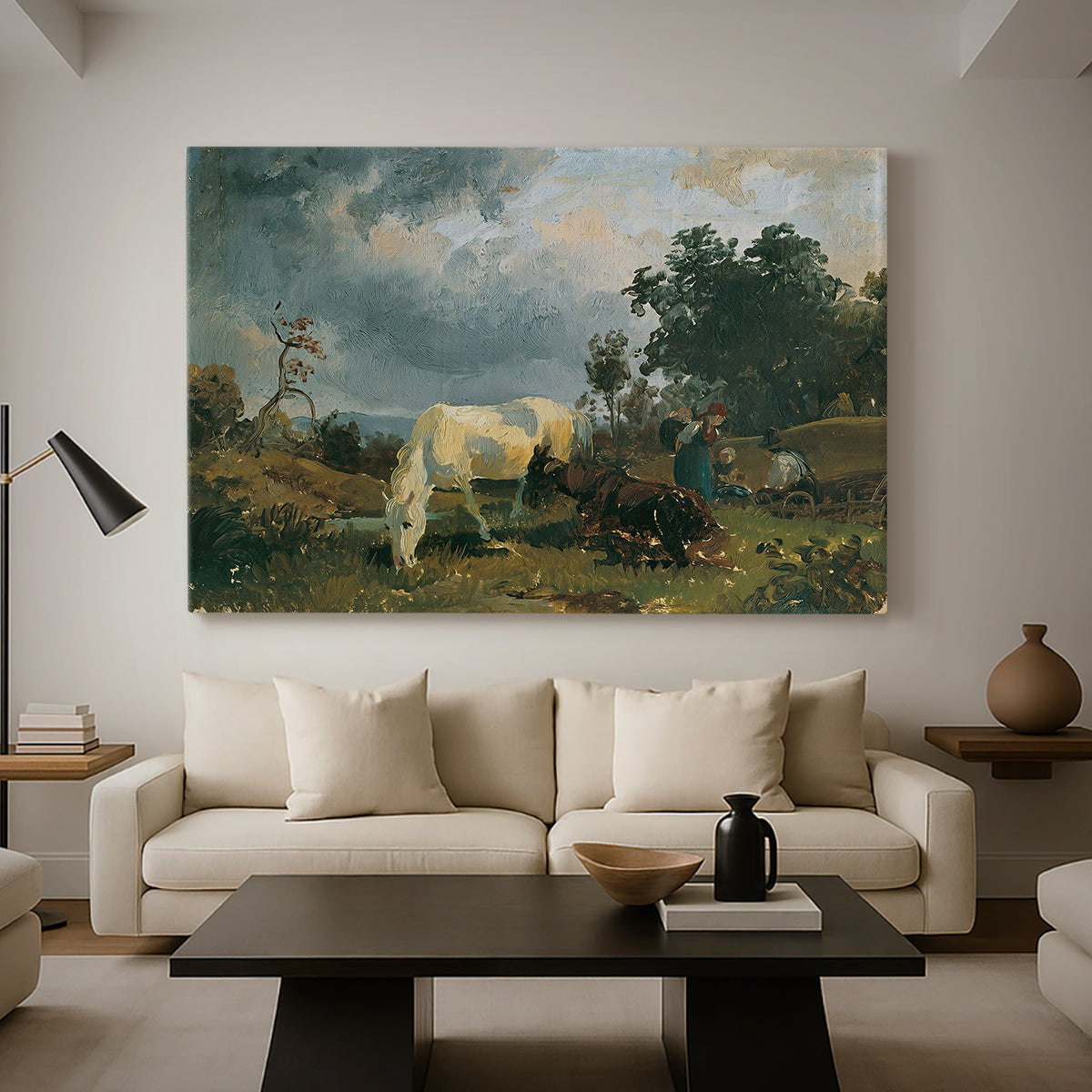 Canvas art print featuring a rural composition featuring livestock, displayed in a spacious living room