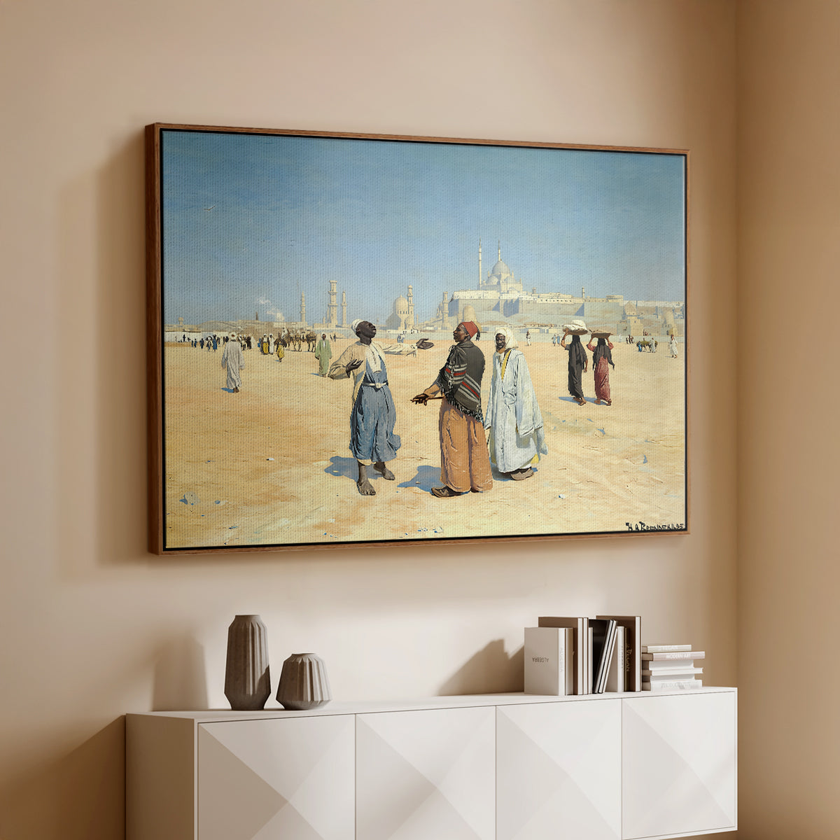 View from the Desert of Cairo with Citadel and Mamluk Tombs in the Background, c. 1889-1890 - Floater Framed Canvas Print