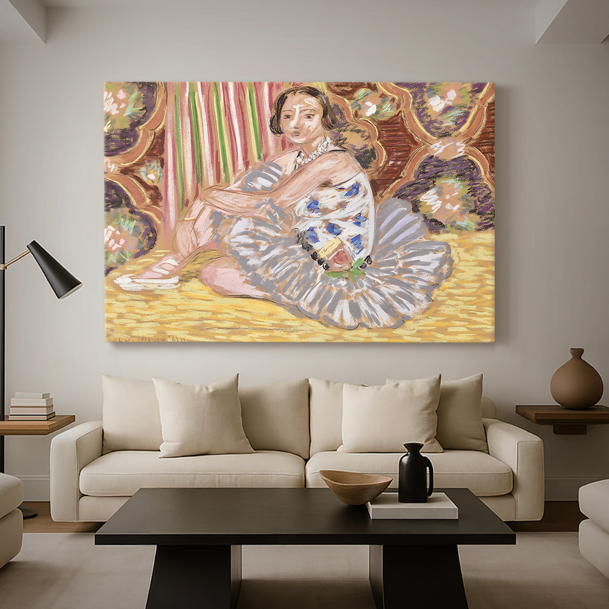 Canvas art print featuring a Fauvist figure study with costume-like detail, displayed in a spacious living room