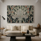 Canvas art print featuring an ornamental composition with layered motifs and repeating figures, displayed in a spacious living room