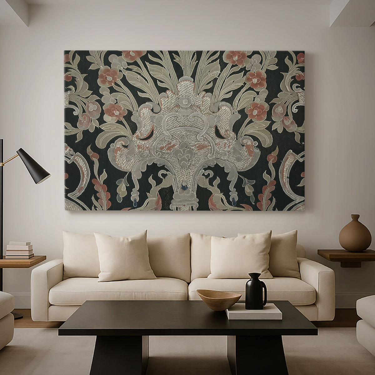 Canvas art print featuring an ornamental composition with layered motifs and repeating figures, displayed in a spacious living room
