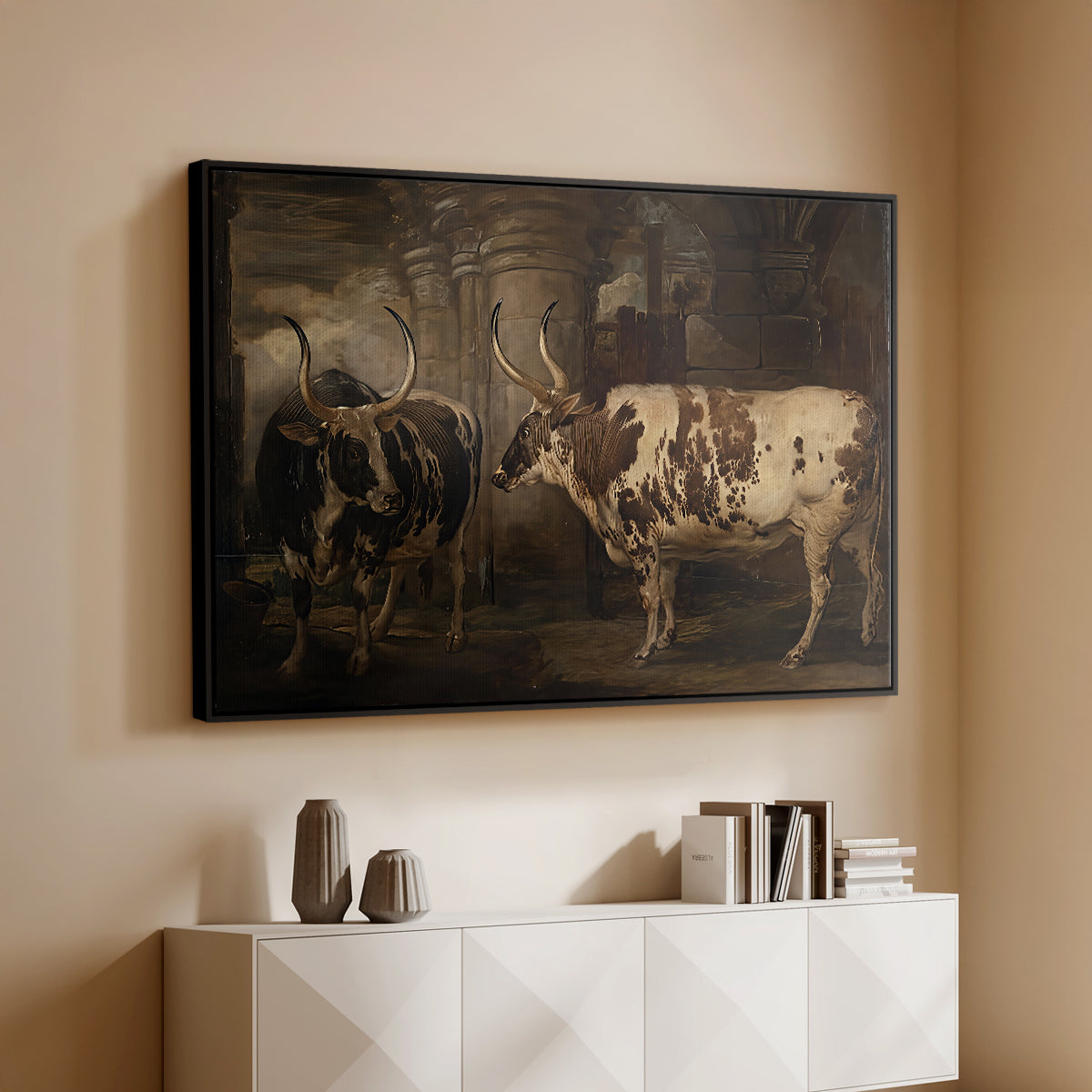 Portraits of Two Extraordinary Oxen, Property of the Earl of Powis, 1814 - Floater Framed Canvas Print