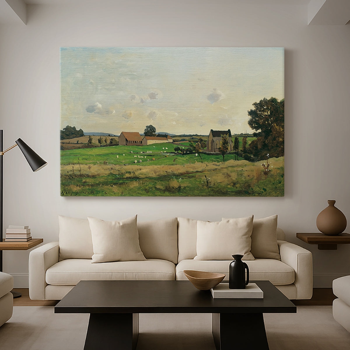 Canvas art print featuring a rural scene with estate and surrounding greenery, displayed in a spacious living room
