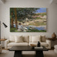 Canvas art print featuring an impressionist landscape with people relaxing along the Seine, displayed in a spacious living room