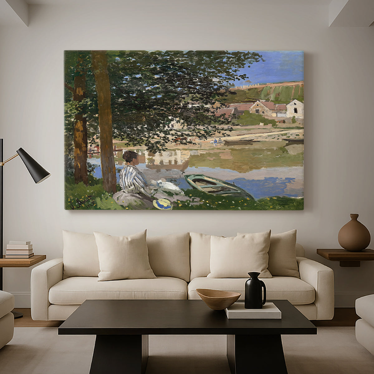 Canvas art print featuring an impressionist landscape with people relaxing along the Seine, displayed in a spacious living room
