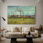 Canvas art print featuring an expressive depiction of industry within landscape, displayed in a spacious living room