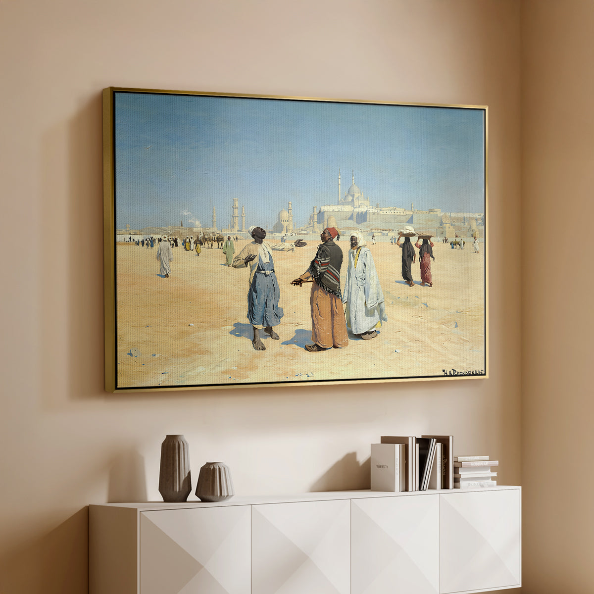 View from the Desert of Cairo with Citadel and Mamluk Tombs in the Background, c. 1889-1890 - Floater Framed Canvas Print